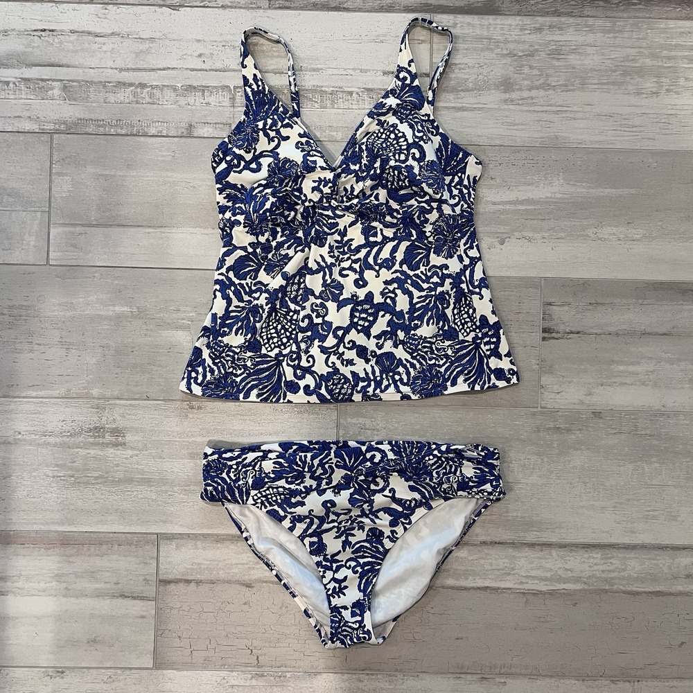 LILLY PULITZER Tankini COEN Bathing Suit Set 14/16 Blue Ivory Coastal Coral Swim